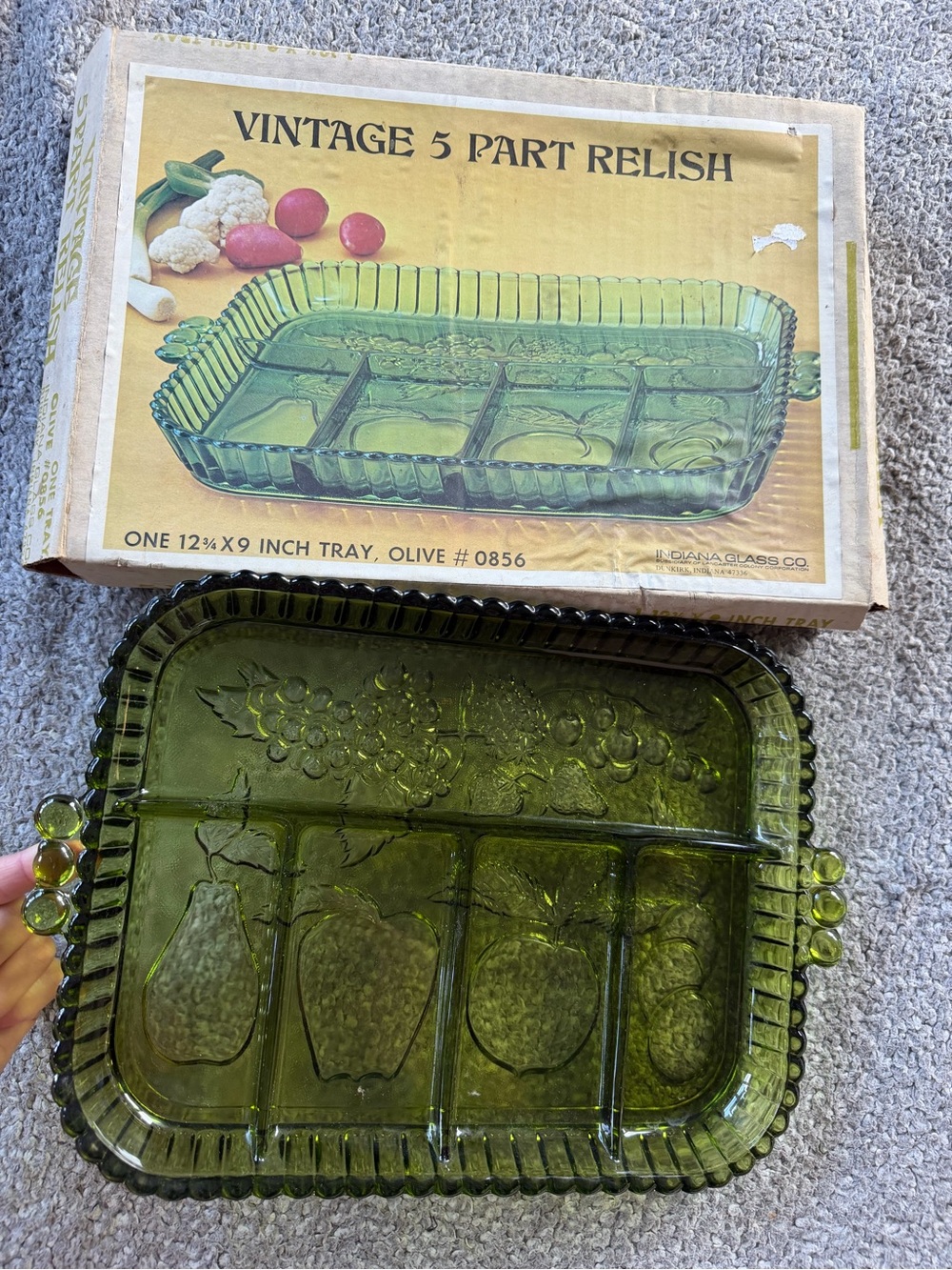 Vintage 5-Part Relish Tray - Olive Green Glass